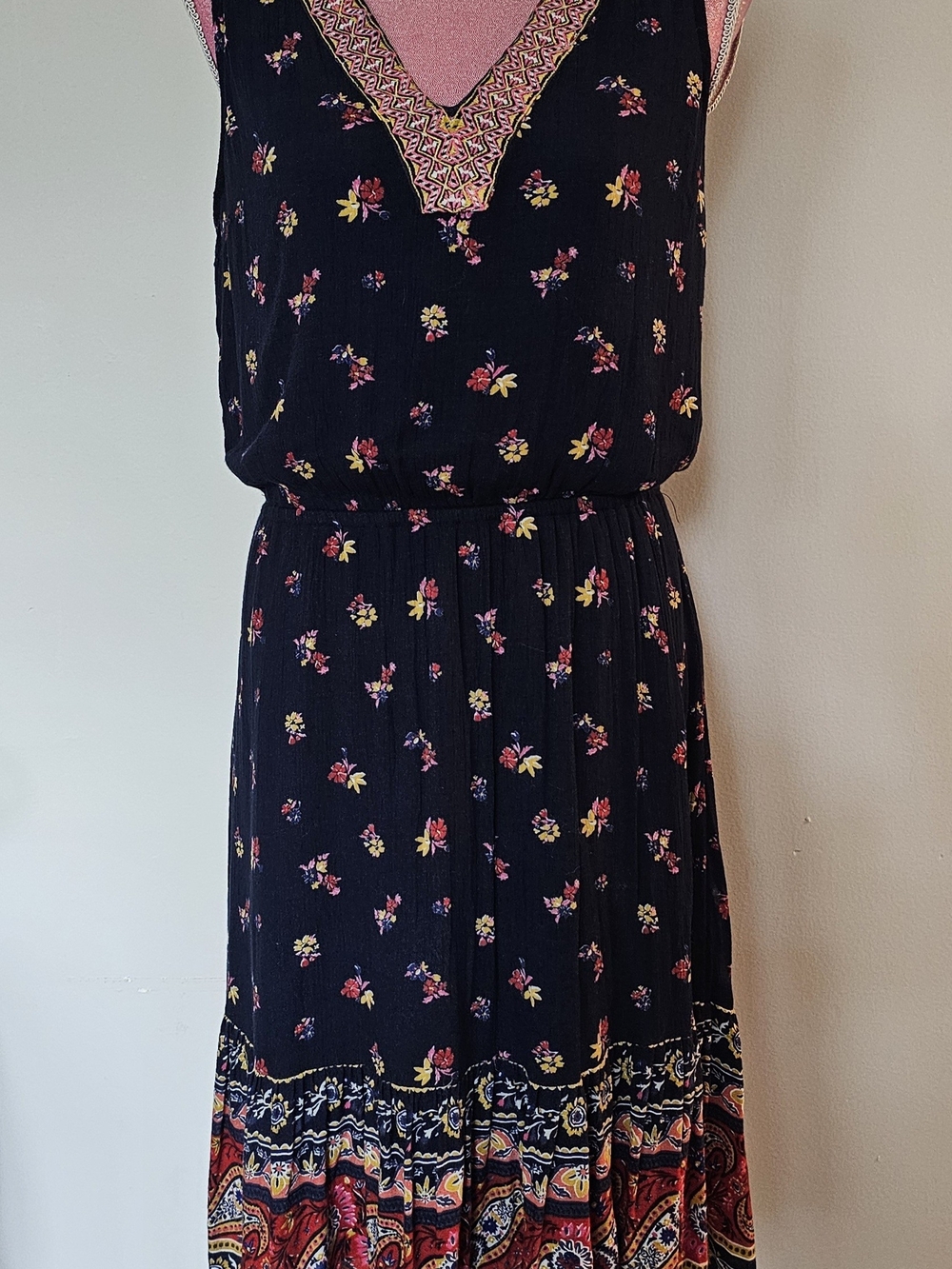 Old Navy Black Floral Midi Dress with Pink Trim